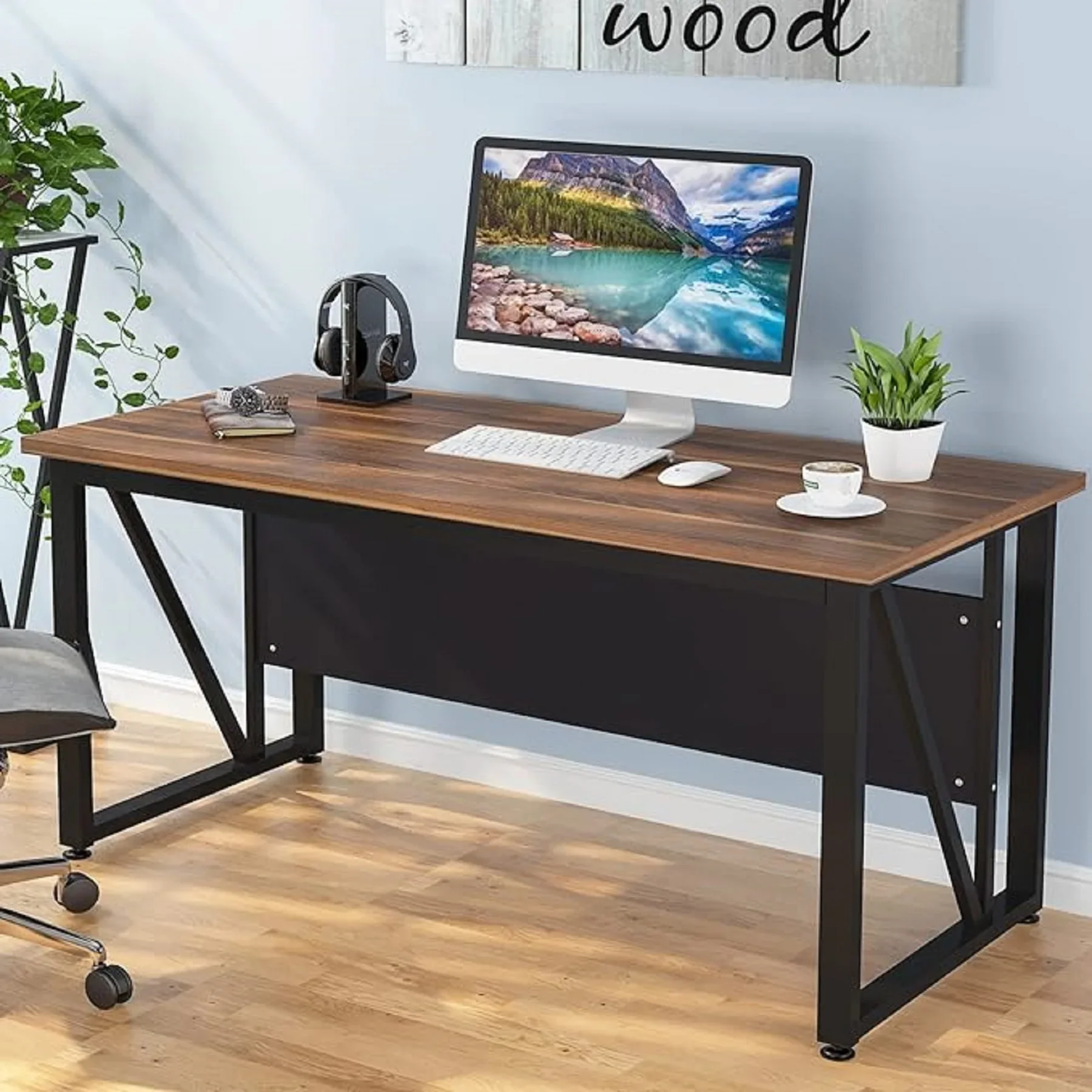 Tribesigns 55 inches Computer Desk with Bottom Stoage ShelfHome Office Desk Writing Table for Workstation,Dark Walnut&Steel Legs