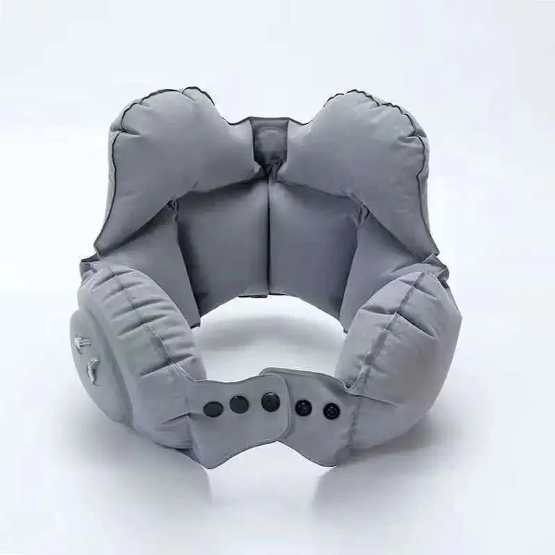 Inflatable U Shaped Travel Neck Pillow, Press Pump Velvet Portable Headrest for Airplane Car