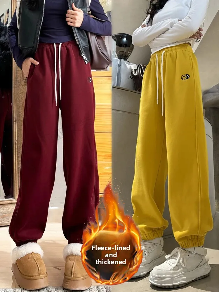 

Женские утепленные джоггеры с вышивкой и высокой талией в корейском стиле, модные, антивозрастные спортивные брюки