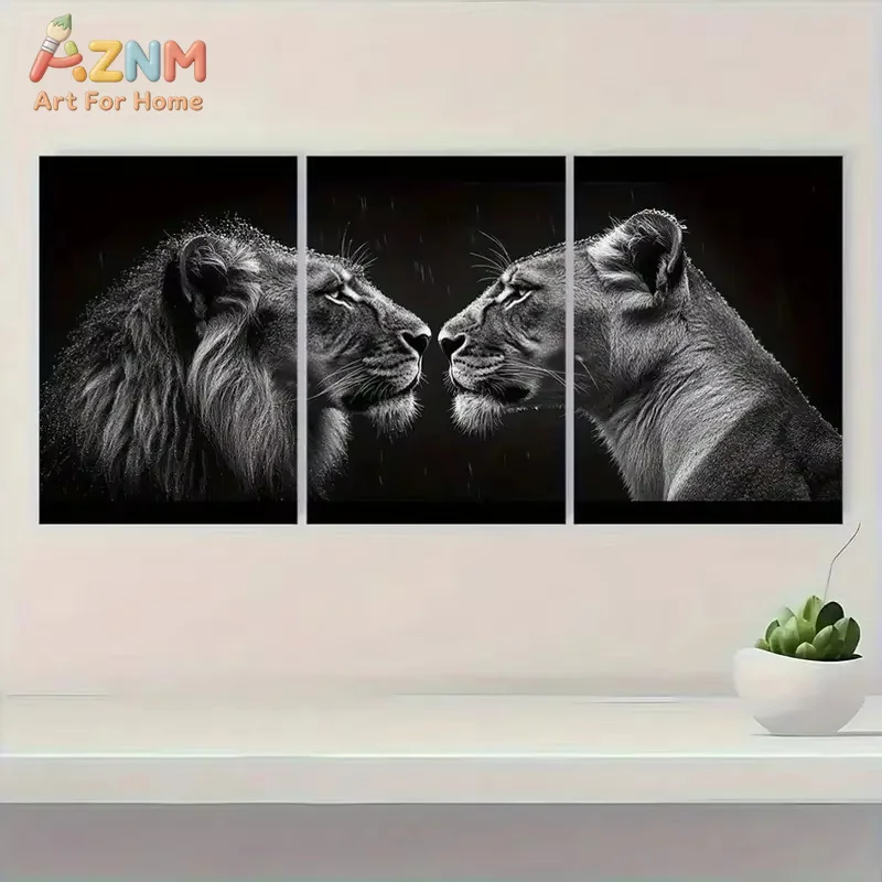AZNM Black White Lion Couple Canvas Wall Art, Frameless Wild Animal Portrait Print, Romantic Lion Face To Face Poster for Living