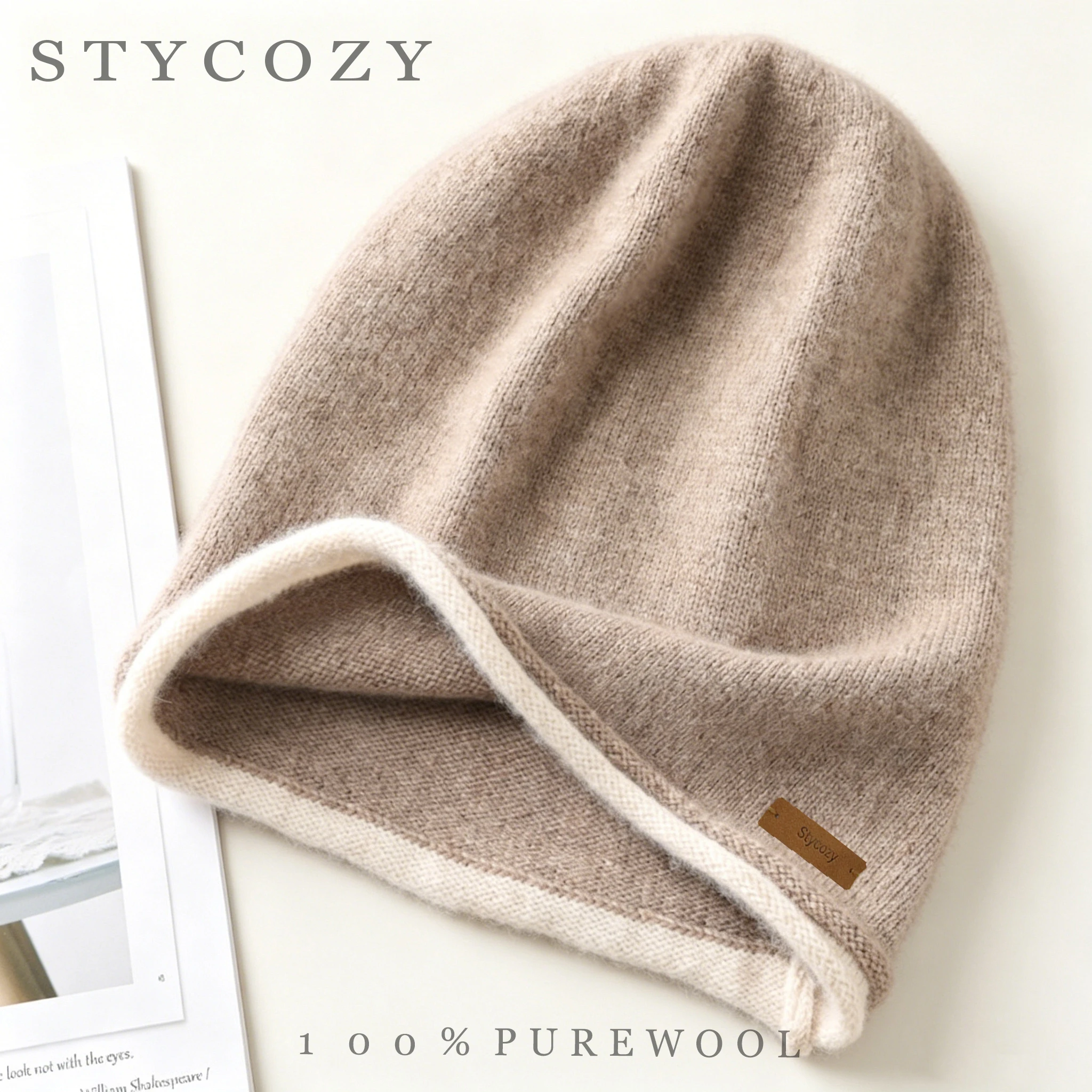 100% Merino Wool Slouchy Beanie Women Contrast Roll Edge Knit Hat Unisex Winter Warm Baggy Curly-Brimmed Cap For Daily Outdoor