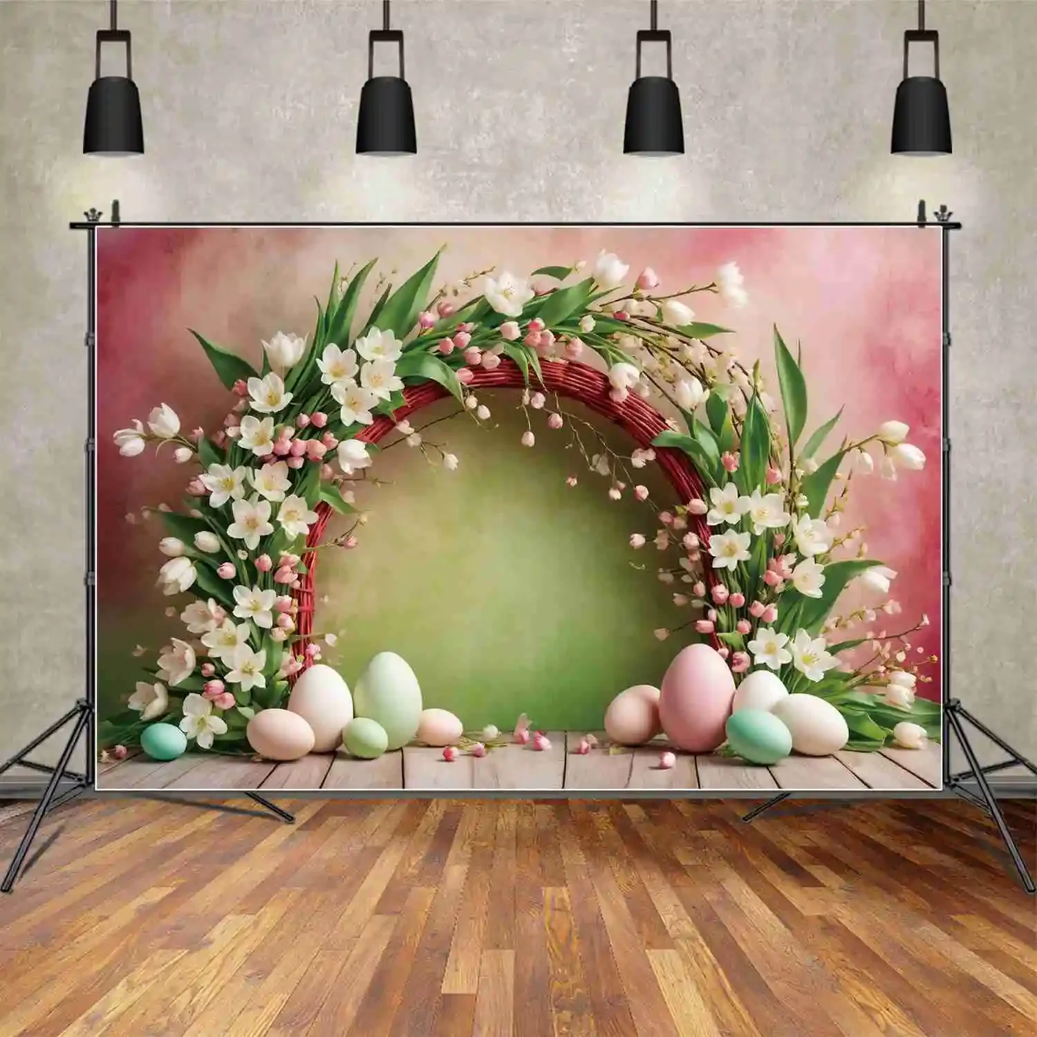 

MOON.QG Floral Arch Easter Day Background For Photography Baby Eggs Tulips Party Photo Backdrops Custom Indoor Wall Studio Props