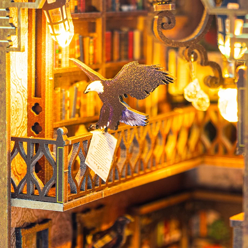 Magical Library DIY Book Nook Kit Miniature Bookshelf Insert with LED Light 3D Wooden Puzzle Building Kit Craft Gift Dollhouse