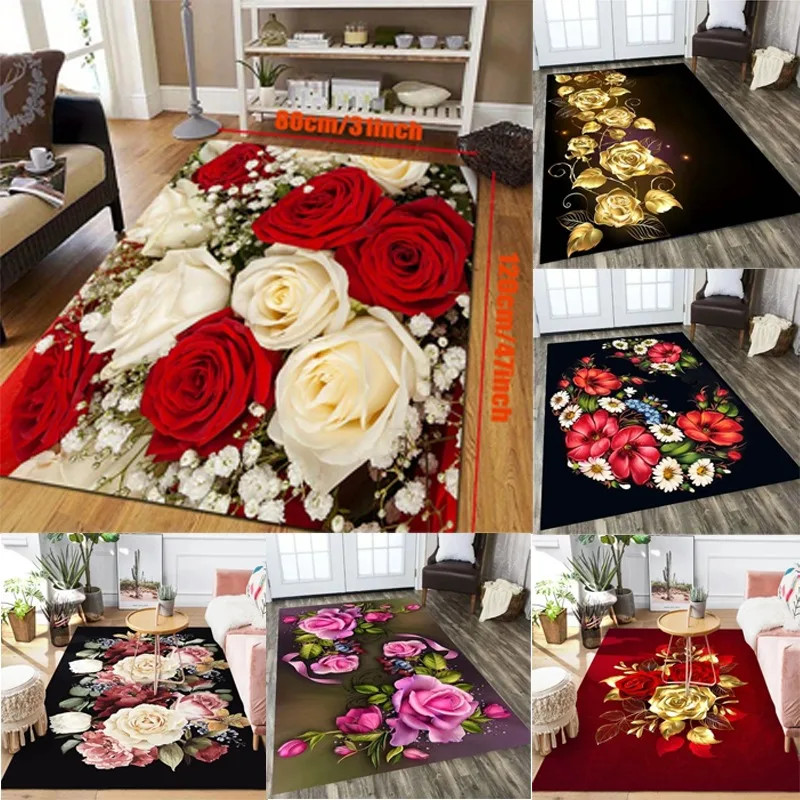 Romantic Rose Pattern Valentine's Day Rug Themed Throw Carpet Chic Flower Print Floating Window Cushion Anti-fatigue For Home