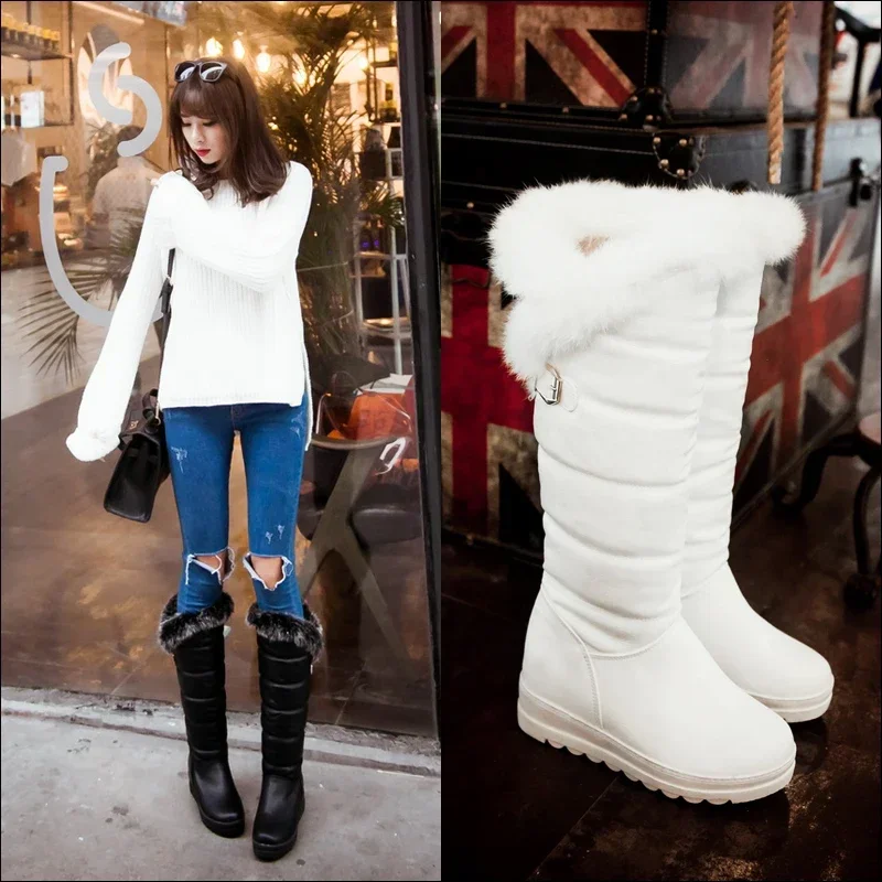 Red Winter Women Warm Fur Knee-high Snow Boots Red Black Thick Plush Round Toe Buckle Lady Height Increasing Platform Long Boots image 6