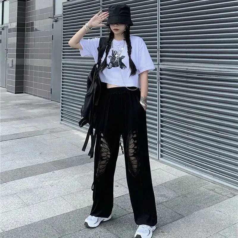 2024 Summer Women's New Comfortable Casual Hollow Wide Leg Pants Loose High Waist Straight Leg Pants Hip Hop Style Pants