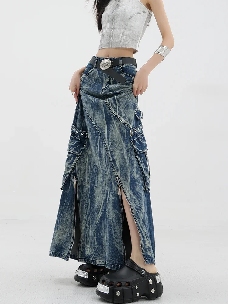 Heavy industry washed tie-dye skirt women's new loose big pocket zipper decorative hip skirt