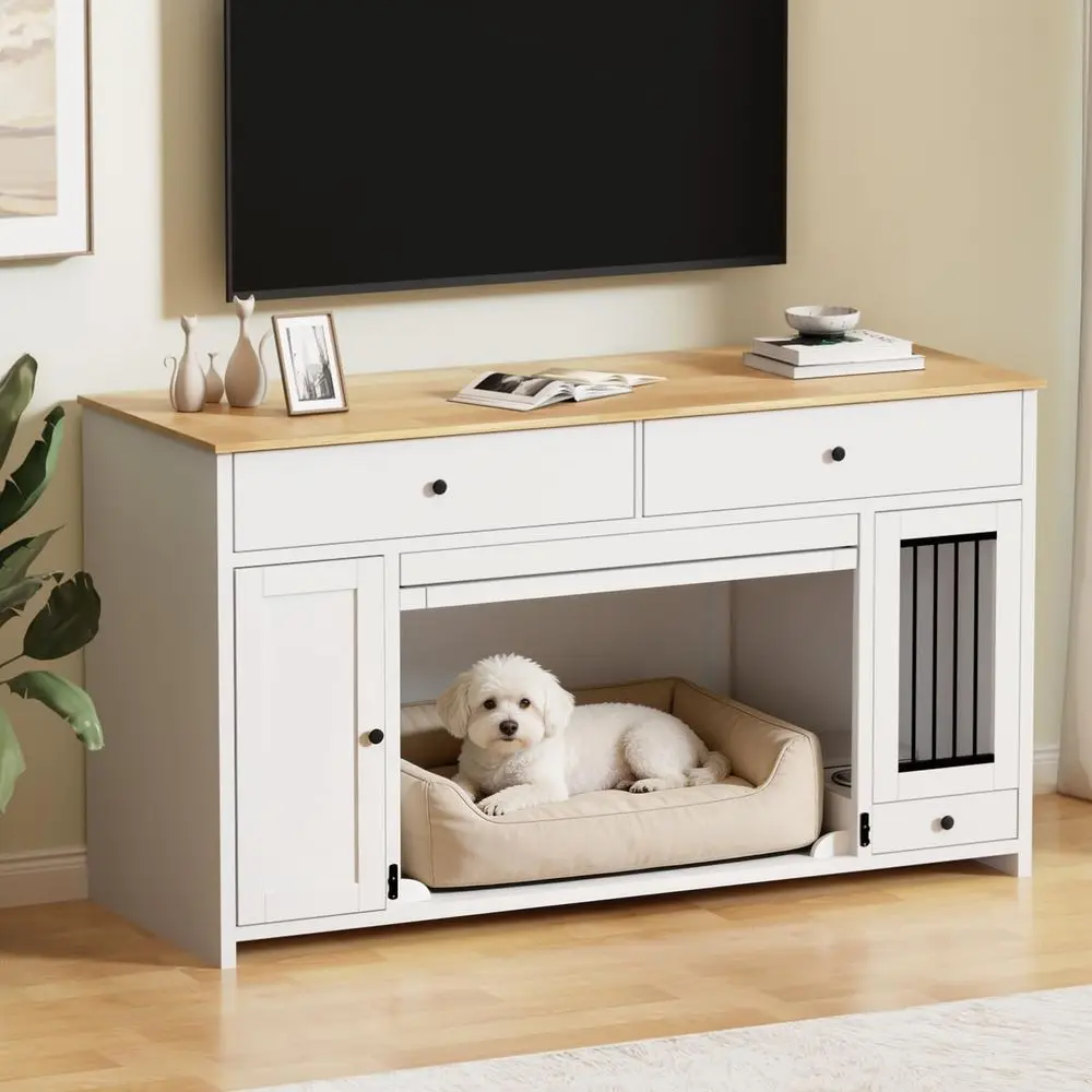 

Heavy-Duty Wooden Dog Kennel with Storage, TV Stand, and Cabinets for Medium/Large Dogs, White
