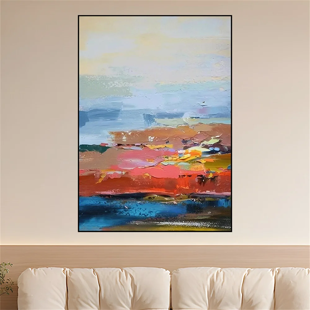 100% Hand-painted Modern Canvas Poster City Building Landscape Blue Oil Paintings Gold Foil Wall Art Picture Decor Home Artwork