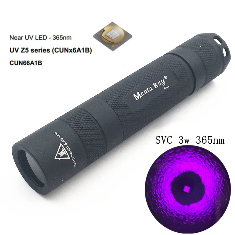 

Ультрафиолетовый фонарь Manta Ray SVC 5W 365нм на аккумуляторе 18650 для проверки подлинности денег, УФ-отверждения, обнаружения янтаря и флуоресценции