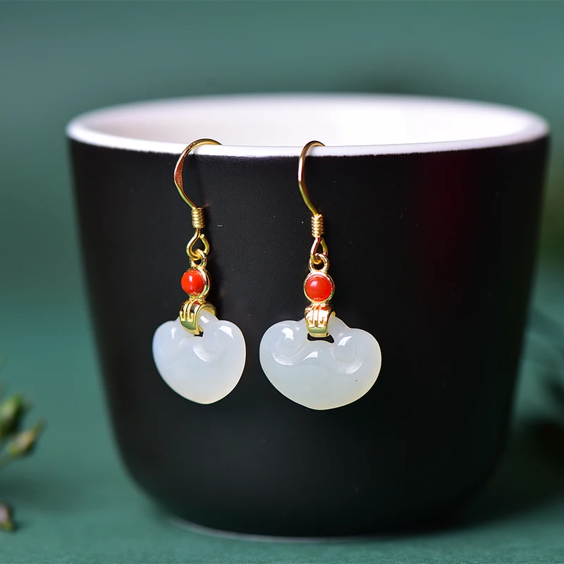 Natural Hetian jade white jade Ruyi earrings for women simple ancient rhyme classic style wedding engagement silver jewelry