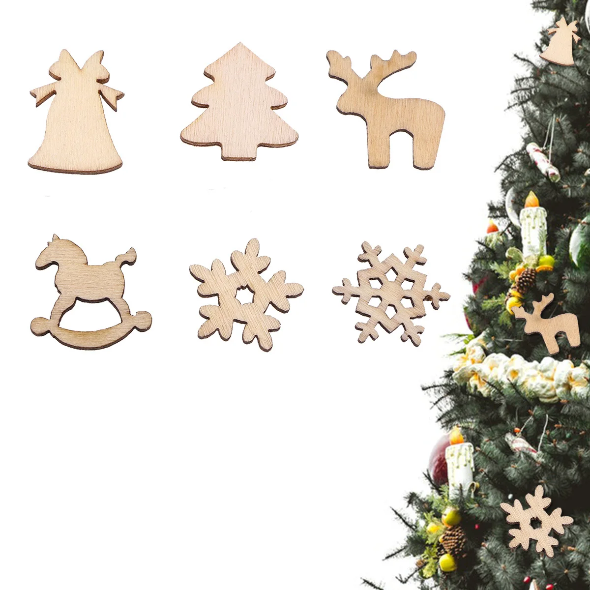 

100pcs Christmas Decoration Wooden Pieces Snowflake Deer Tree Bell Shapes Diy Craft Ornament For Home Wedding Party Xmas Pendant