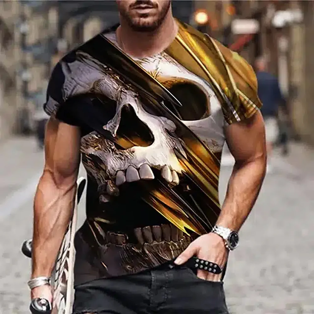 Summer Harajuku Short Sleeve Crew Neck Tee Negative Space Skeleton Rib Cage Epic Men's T Shirt Retro Print Street Clothing