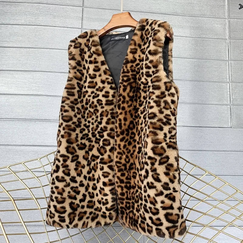 

European and American Leopard Print Winter Medium-Long Simulated Fur Vest Women's Soft Warming Jacket Coat Female Clothing