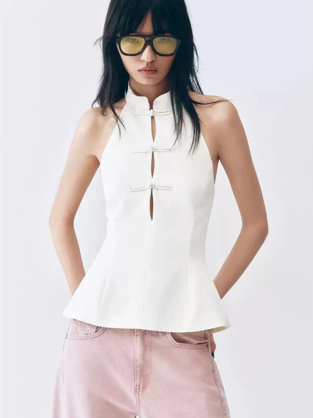

New Summer Women's Loose Style Backless Neck Rope Knot Top Chinese Ethnic Fashion Sleeveless Collarless Casual Comfortable