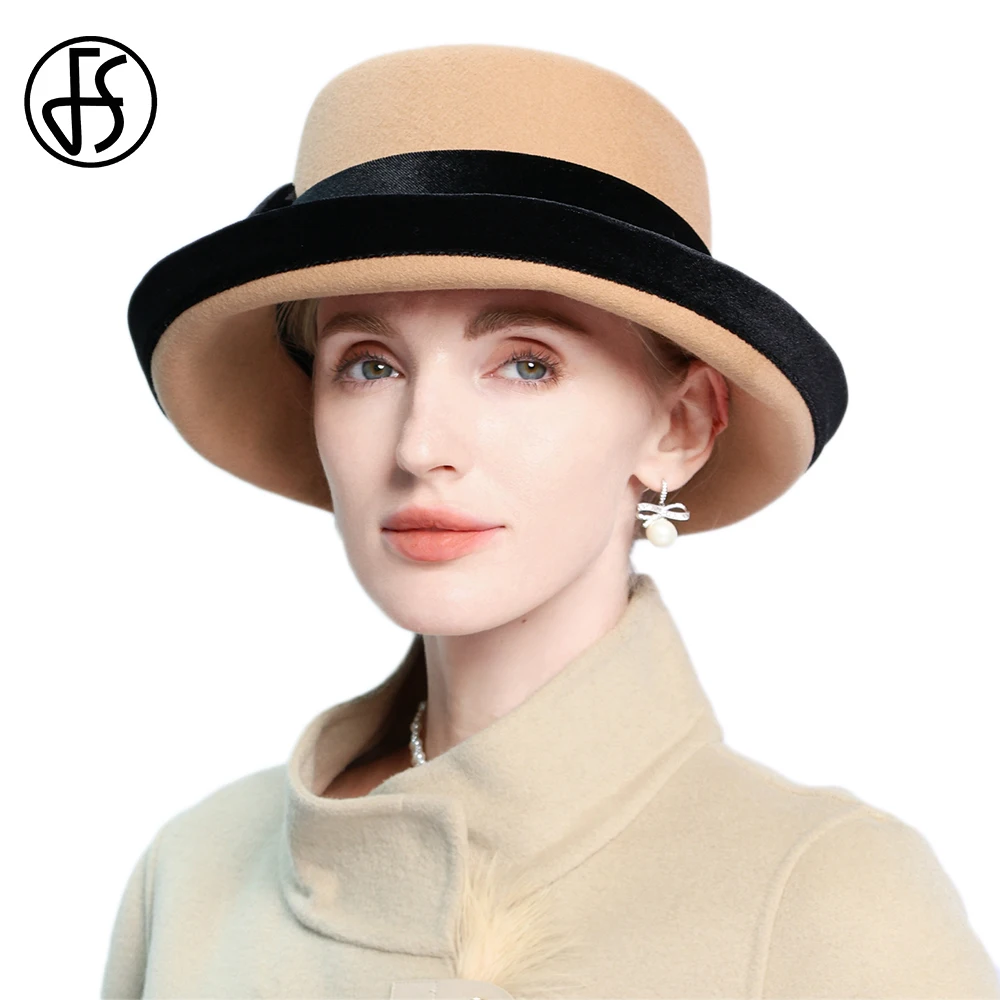 FS 2025 Elegant Wide Brim Wool Church Hat For Women Camel Flat Top Bucket Cap With Black Bowknot Vintage Felt Fedoras Chapeau