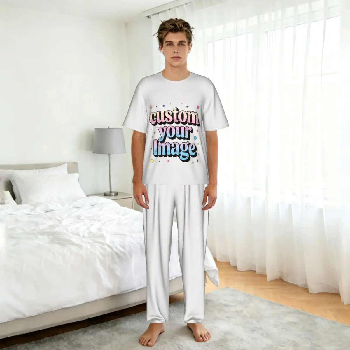 

Мужской пижамный комплект с короткими рукавами и карманами, с индивидуальным принтом: ваше фото, логотип, текст. Персонализированная одежда для сна.