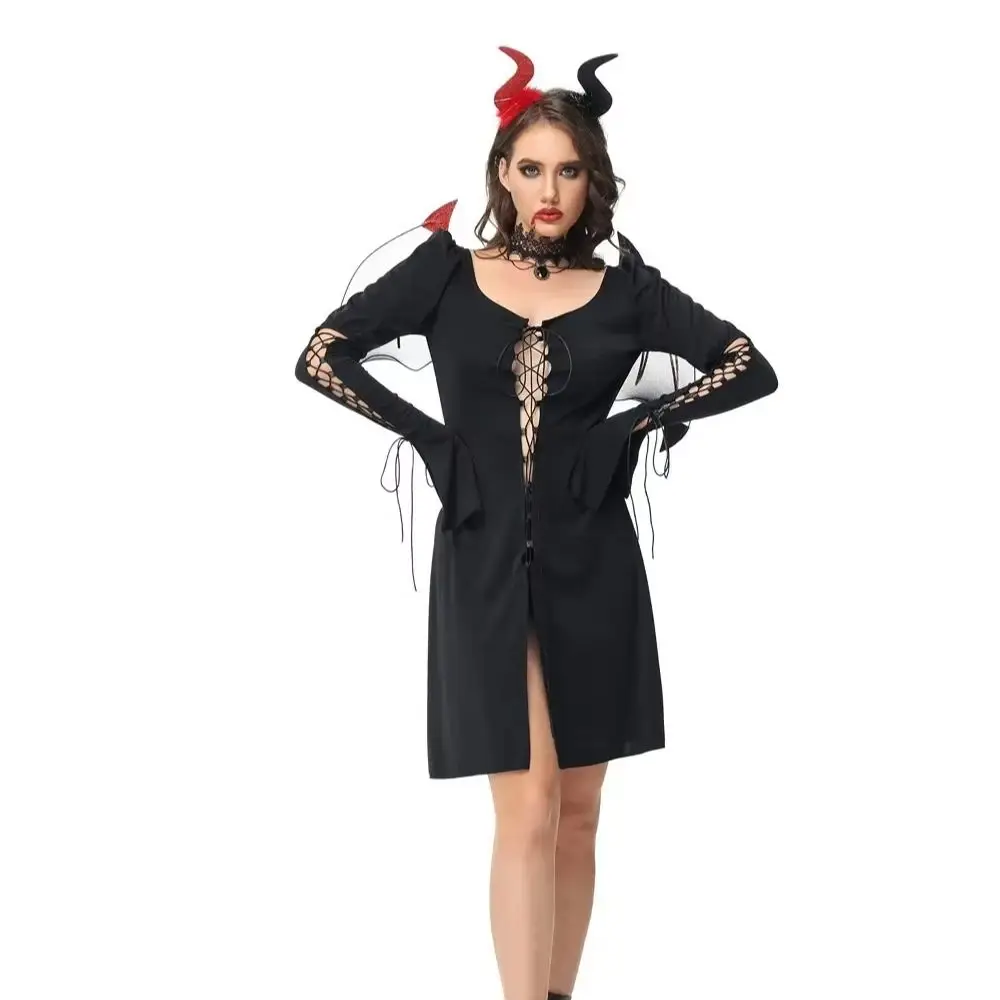 

Evil Witch And the Devil Couples Halloween Costume Party Outfit Women's Devil Suit with Wings And Hat Accessories