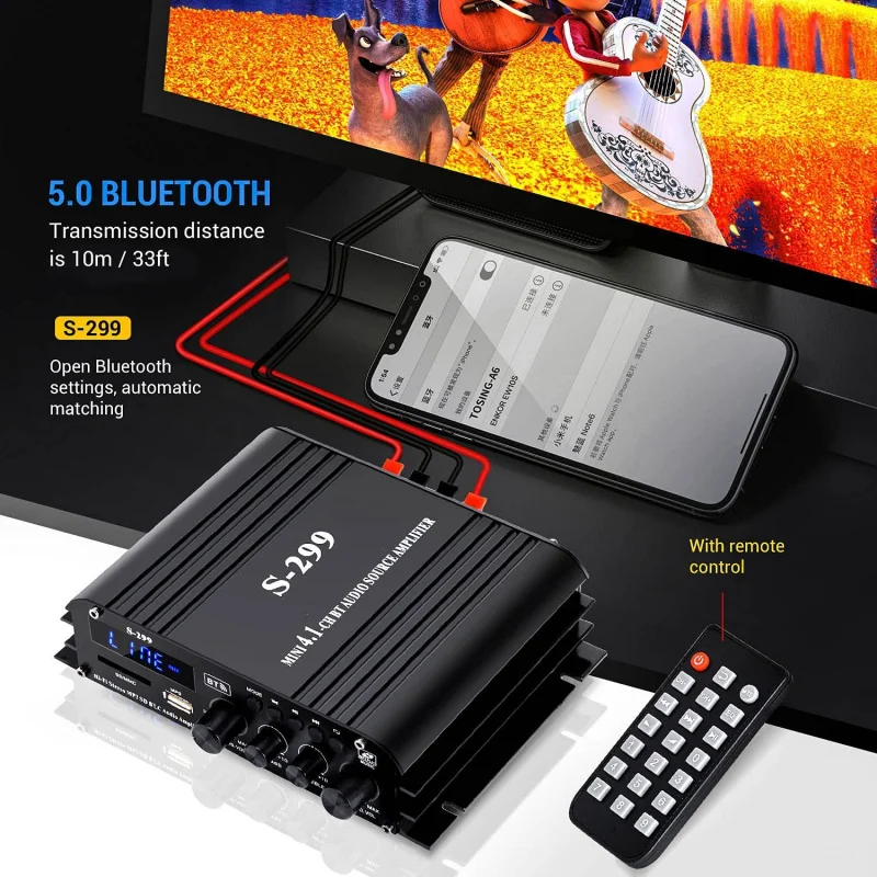 S-299Power Amplifier W24.1 Channel New Bluetooth/USB Plug-in Subwoofer, Suitable for Home and Car Use