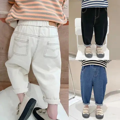아기 남아 여아 루즈 청바지, 새로운 패션 한국 스타일 캐주얼 단색 청바지, 봄 가을 어린이 데님 바지, 1-7 세