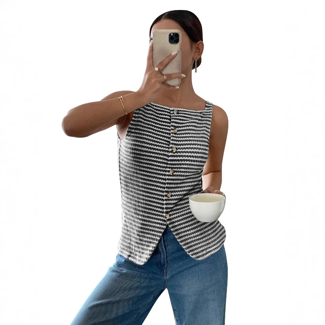 Summer Clothes Women Tank Top Button Front Square Neck Vest Striped Knitted Texture Sleeveless Top Cropped Beige White Camisole