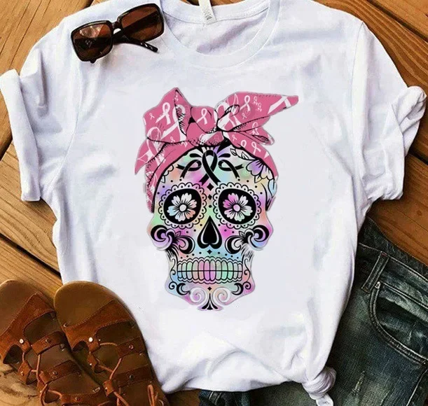 Camiseta con estampado de cabeza de calavera colorida para Mujer, Camiseta holgada de manga corta con cuello redondo, camiseta informal, Camisetas