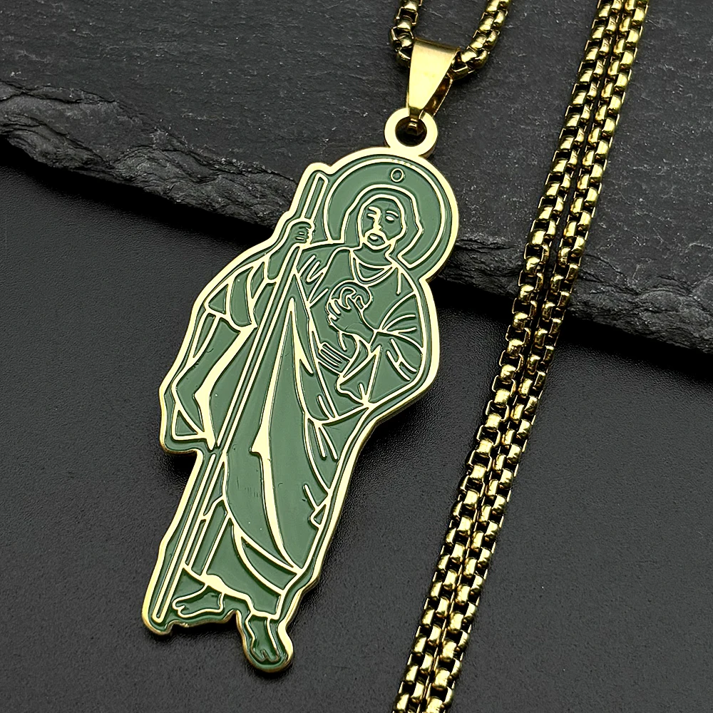 Green Enamel San Judas Tadeo Pendant Necklace for Men Women Stainless Steel Gold Color Saints Apostle of Jesus Chain Jewelry