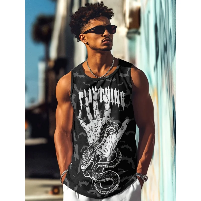 남자를위한 멋진 유령 해골 패턴 탱크 탑 핸드 스네이크 3D 프린트 티셔츠 여름 대형 스포츠 라운드 넥 조끼 스트리트 탑스