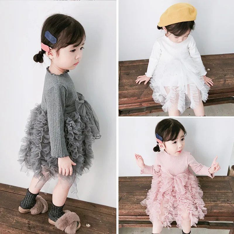 Children Skirts Korean Children's Clothing 2024 Spring New Girls Knitted Dress Top Treasure Puffy Gauze Skirt Cake Skirt Fashion