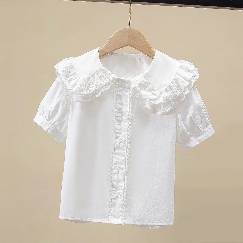 Kids Shirt Girl Tops Blouses Children Clothes 6 8 10 12 Years Summer School Girls White Blouse Lace Short Sleeve Cotton Shirts