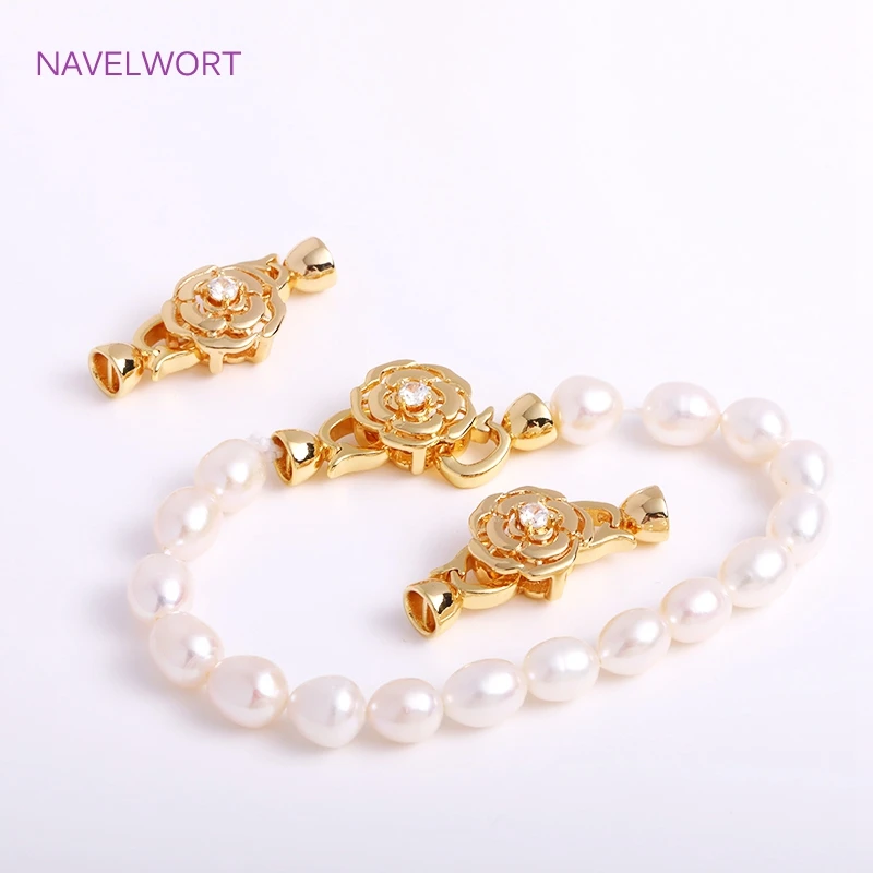 

18K Gold Plated Camellia Pearl Clasp Fastener,Brass,Inlaid Zircon Flower Connector For DIY Bracelet Neckalce Making Accessories