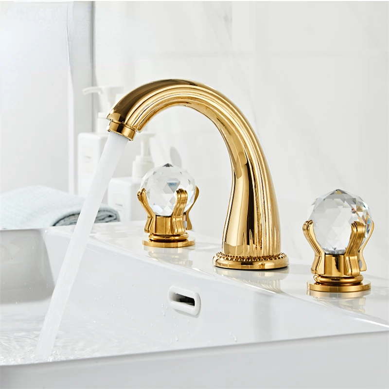 

Basin Faucet Gold Widespread Sink Tap Brass Faucet Bathroom Sink 3 Hole Crystal Handle Hot And Cold Water Tap
