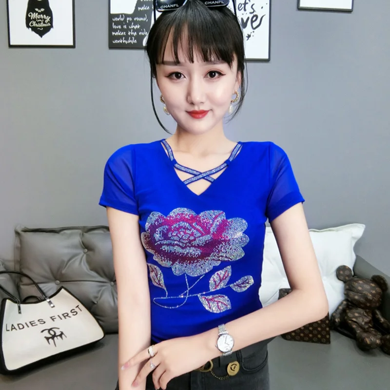 #5129 Black Blue Mesh T Shirt Women With Diamonds Slim Sexy Short T Shirt Female V-Neck Basic Tops Korean Style Tee Shirt Femme