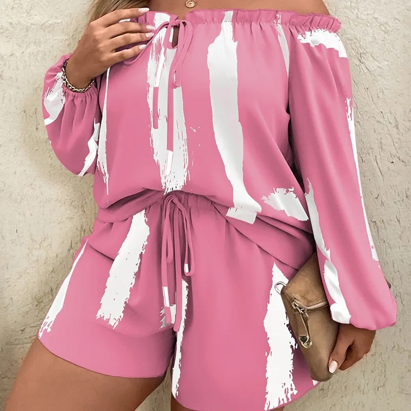 

Women Two Piece Short Sets Print Ruffles Lace Up Shirts Slash Neck Folds Splice Drawstring Shorts Set Loose Summer Beach 2024