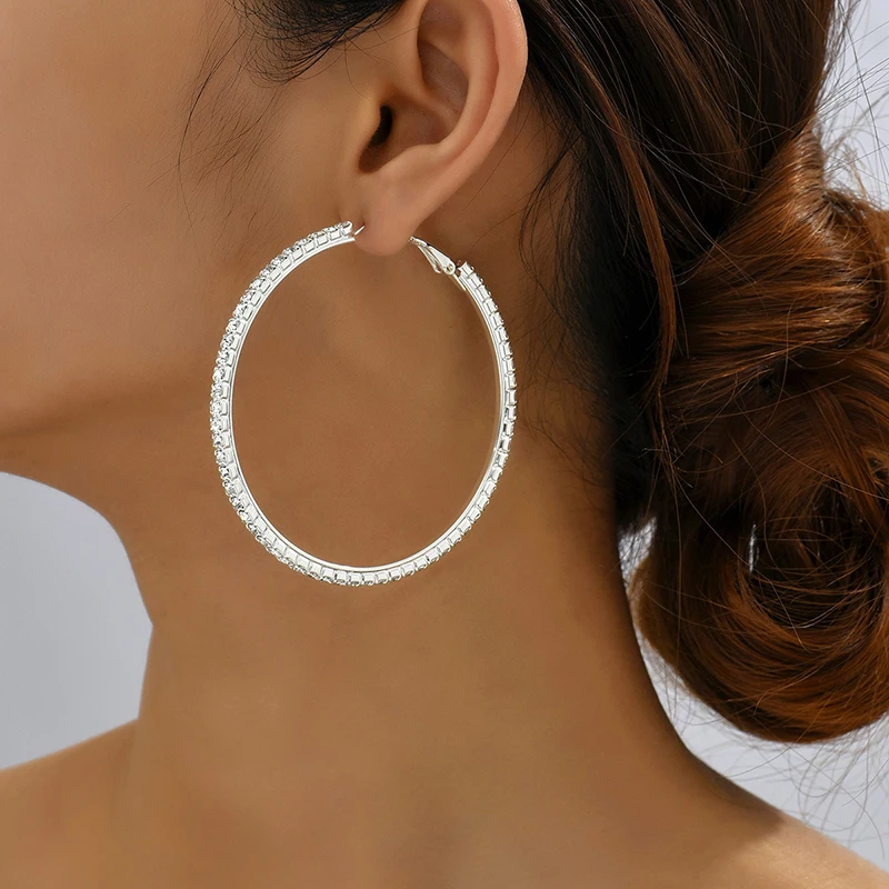 Mode 30-80mm Hoop Ohrringe Für Frauen Mädchen Kristall Strass Ohrringe Gold Silber Farbe Runde Ohrringe Partei schmuck Geschenk – Detail 6