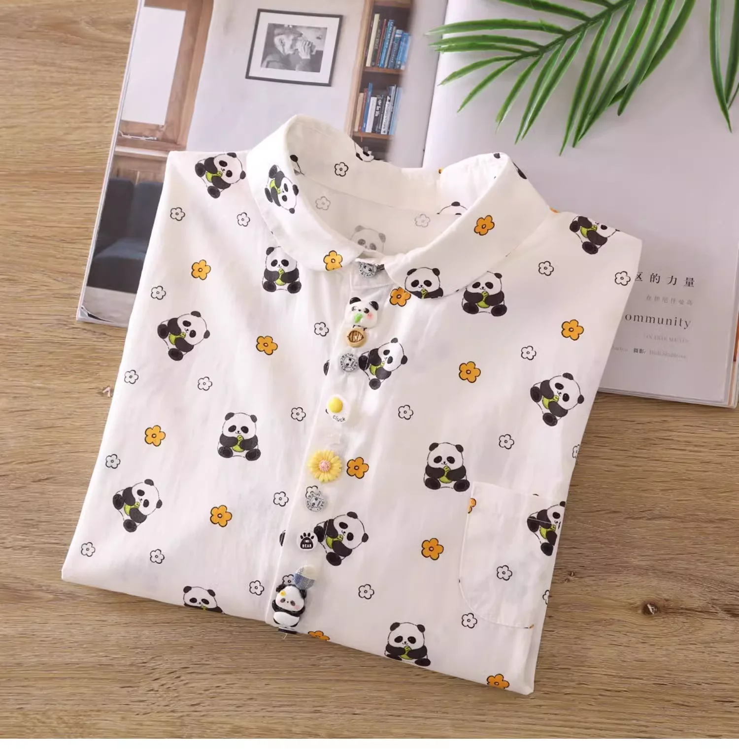 Cartoon Cotton Cartoon Animal Print Blouse Shirt for Women Autumn Designer Kawaii Panda Printed Shirt Long Sleeve Tops