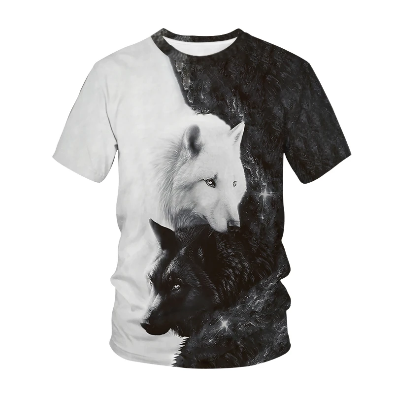 Black and White Wolf Print T Shirt For Men Fashion 3D Animal Pattern Short Sleeve Tops Casual O-neck Loose Tees Funny Streetwear