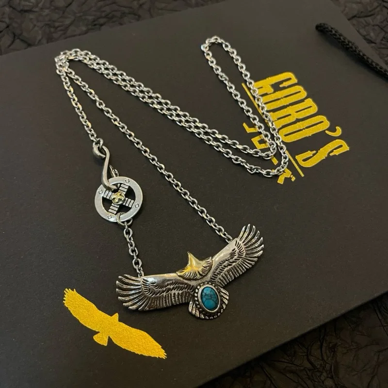 

Japan Tide Takahashi Goros Vintage Turquoise Flying Eagle Pendant Classic Letter Necklace Fashion Couple Versatile Hip-hop Rock
