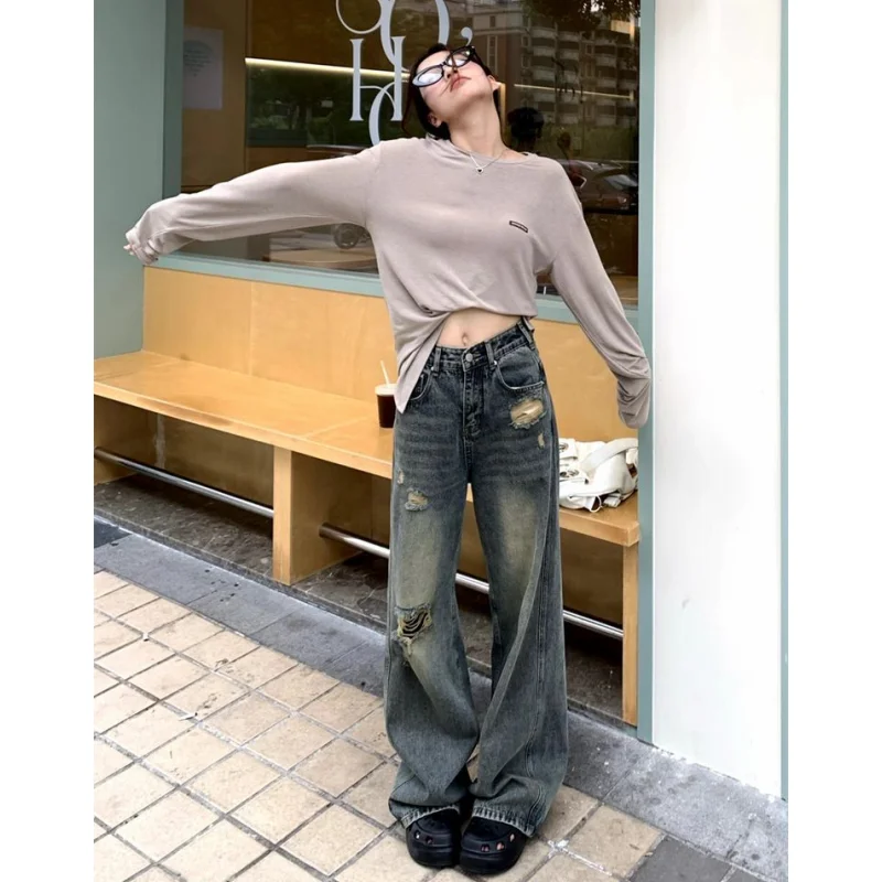 

Blue Jeans High Waisted Women's Pants Vintage Straight Worn-out Y2K Style Fashion 2023 NEW Winter Streetwear Wide Leg Trouser