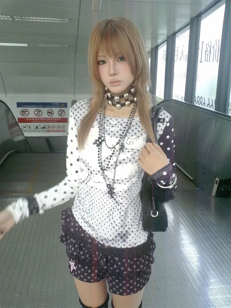 

Deeptown Y2k Vintage Anime Juminocore Women T-Shirts Harajuku Polka Dot Long Sleeve Japanese Fashion Slim Tees Subculture Gyaru