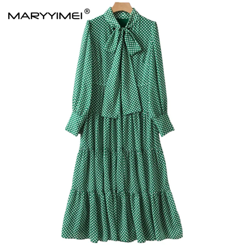 MARYYIMEI New Fashion High Street Dress Designer Women's Long Sleeve Bow Polka Dot Pattern Print Ruffle Slim Long Dress