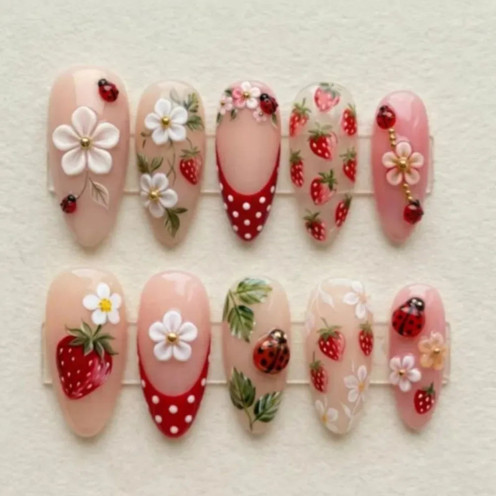 

24pcs wine red French polka dot nail art three-dimensional carved strawberry light luxury wearing armor European and American sweet girl almond shaped nail plate