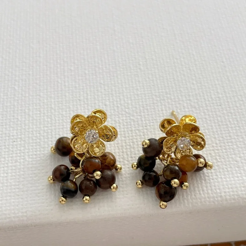 Minar Trendy Natural Stone Tiger Eyes Strand CZ Zircon Flower Dangle Earrings for Women Gold Plated Every Day Holiday Jewelry