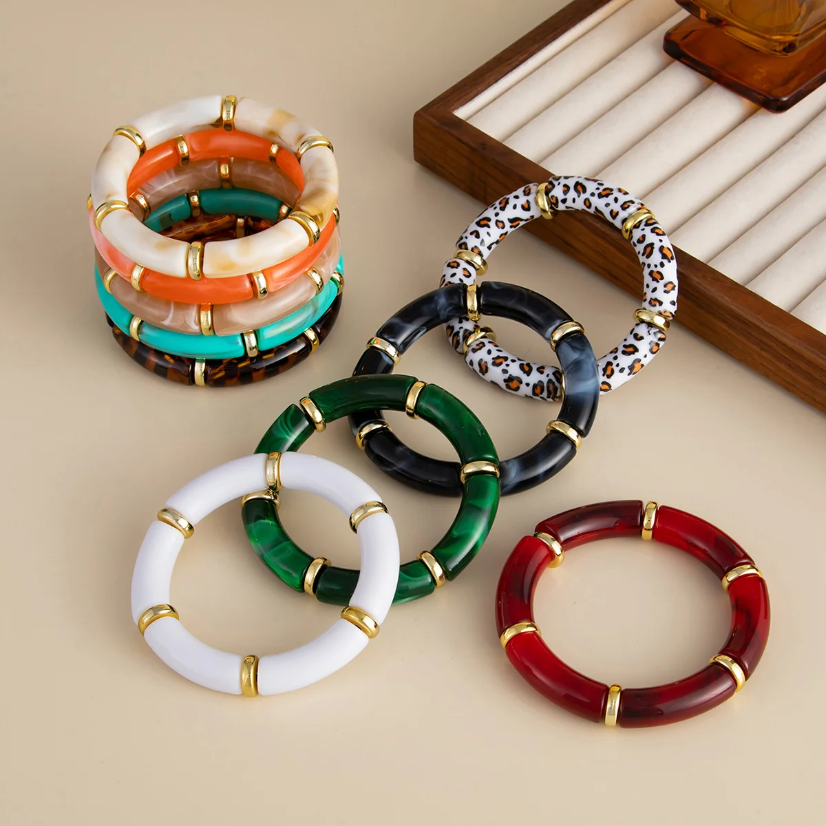 Vintage Stackable Acrylic Bracelets for Women Bohemian Round Tube Beaded Bracelet Leopard Resin Elastic Bangle image 4