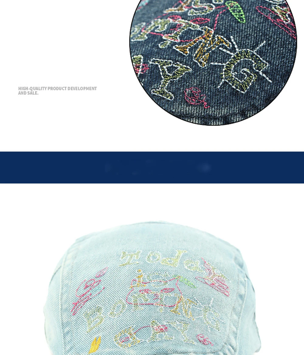 HT4739 Hochwertige Bestickte Buchstaben-Denim-Baskenmütze für Herren und Damen, Retro Künstler-Malermütze, Herren- und Damen-Ivy-Flatcap, Baskenmützen – Detail 5