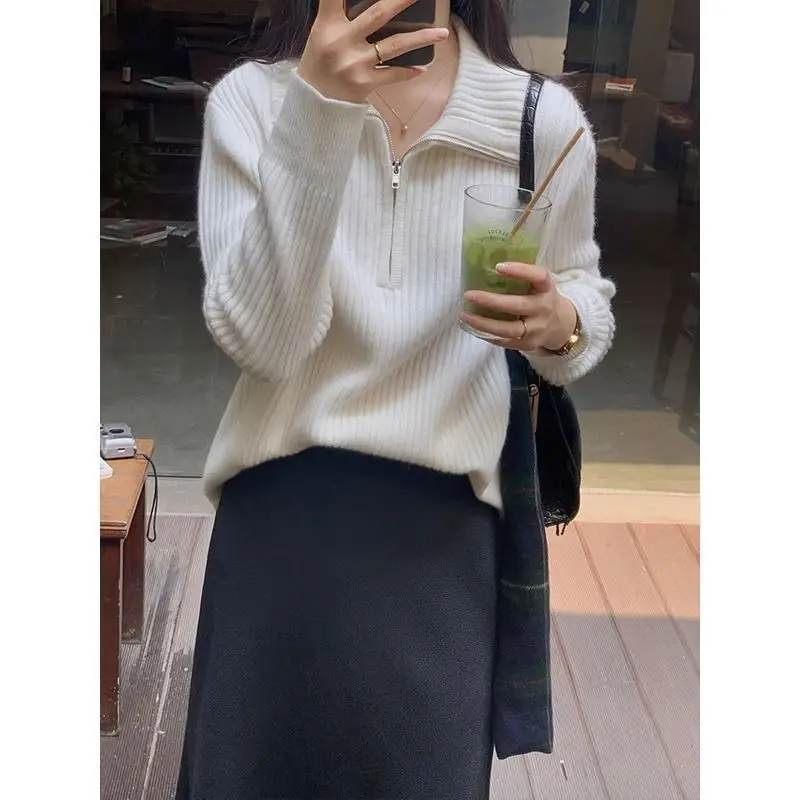 2025 Autumn Winter New Women's Knitting Sweater Half Zip Knit Top Stylish Loose Design Versatile Inner & Outer Wear Sweater