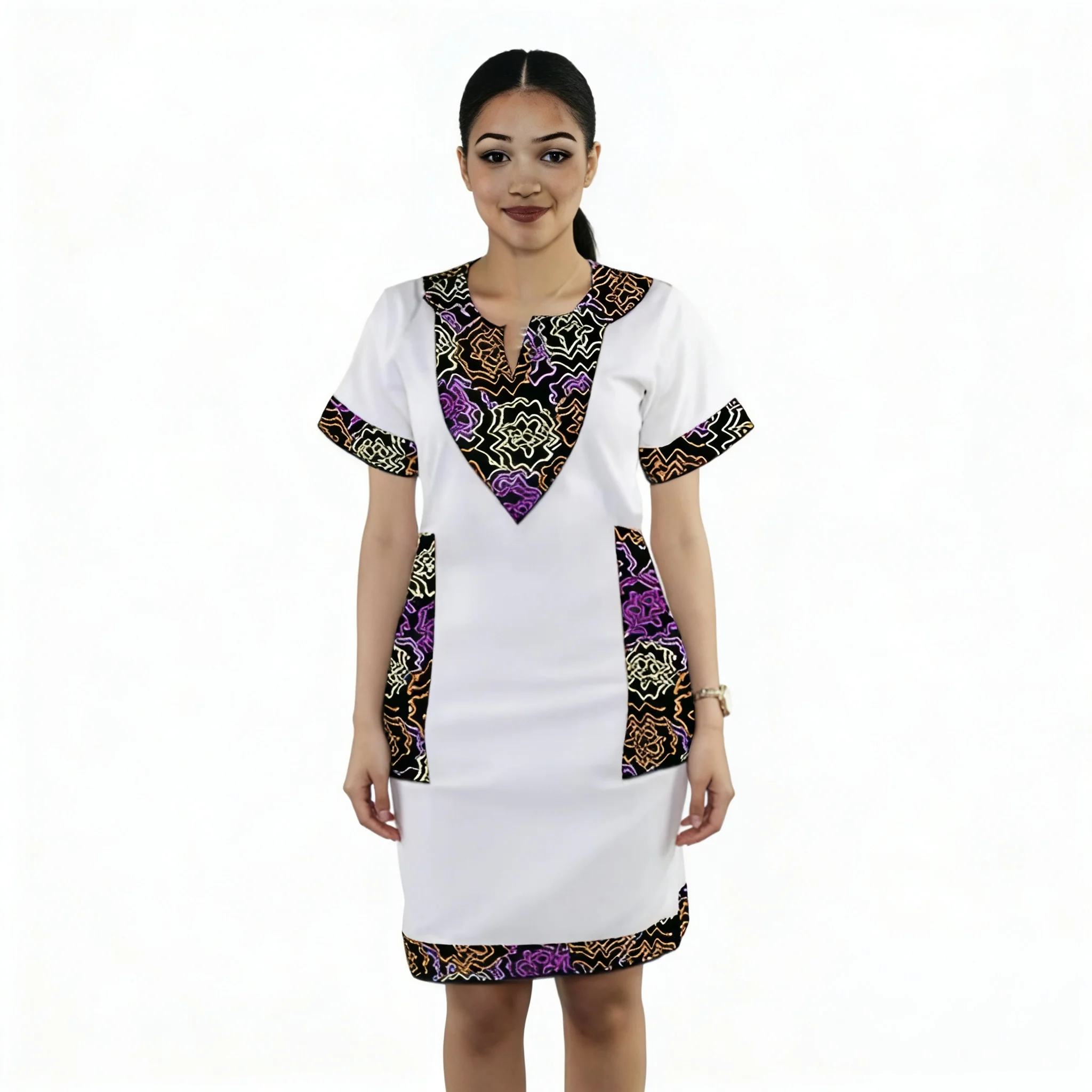 

2026 Новое модное платье в стиле пэчворк в африканском стиле с принтом кутюр, женское свободное белое платье с v-образным вырезом и короткими рукавами с карманами