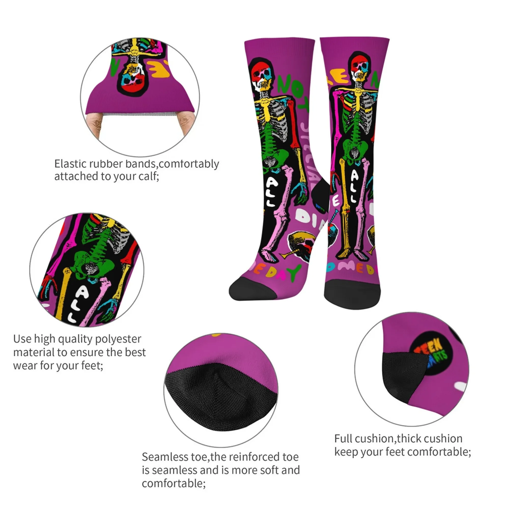 ถุงเท้าลายโครงกระดูกสไตล์ป๊อปอาร์ตสีสันสดใส พิมพ์ลายอักษรสีม่วงแนวพังก์วินเทจสุดเท่ ของขวัญสำหรับผู้ที่ชื่นชอบแฟชั่น