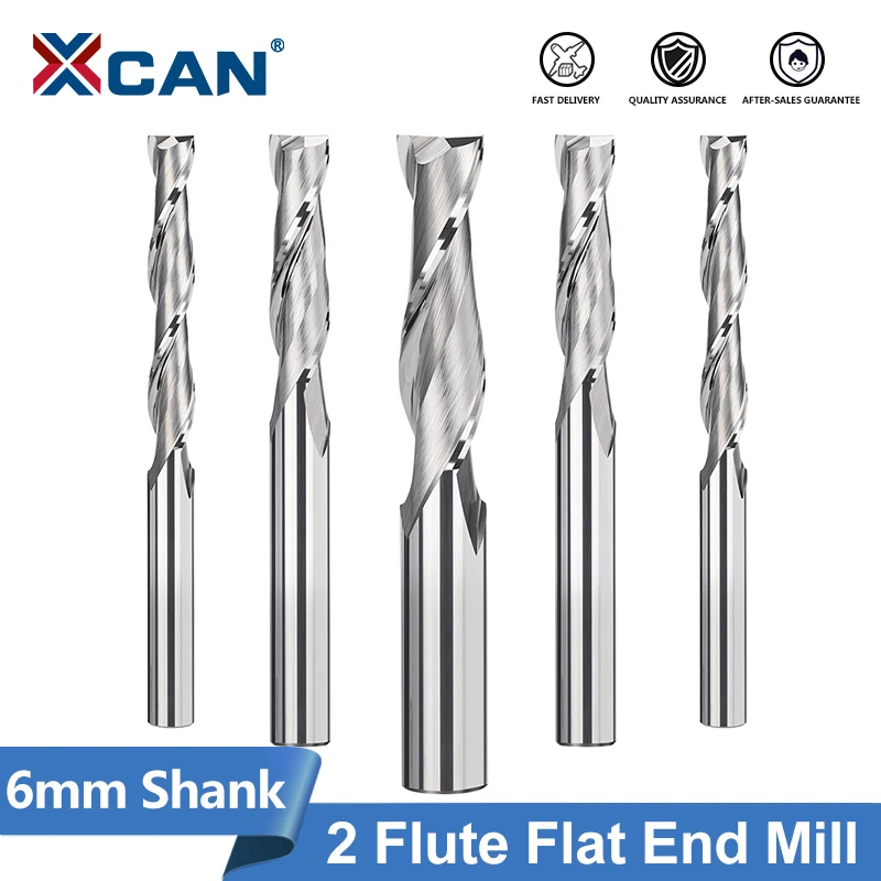 XCAN Milling Cutter 6mm Shank 2 Flute Flat End Mill for Wood PVC MDF Carbide End Mill CNC Spiral Router Bit Engraving Bit