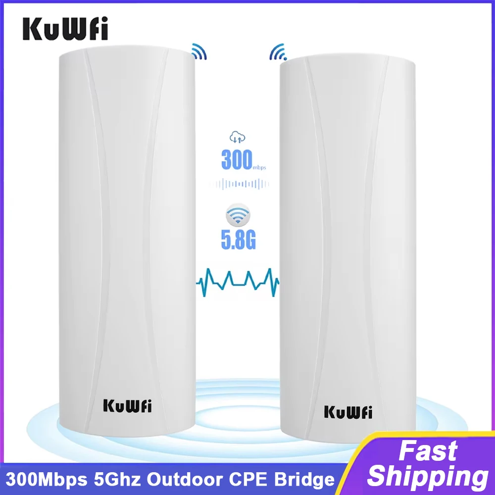 KuWFi 5Ghz 300Mbps Outdoor CPE Bridge Wilress WiFi Signal Extender PTP PTMP Up to 1-3KM AP Repeater Mode 14dBi Panel Antenna